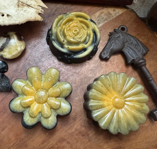 Soap- Goat's Milk & Hemp Seed-Turmeric & Charcoal- Midnight Cowboy- Flowers