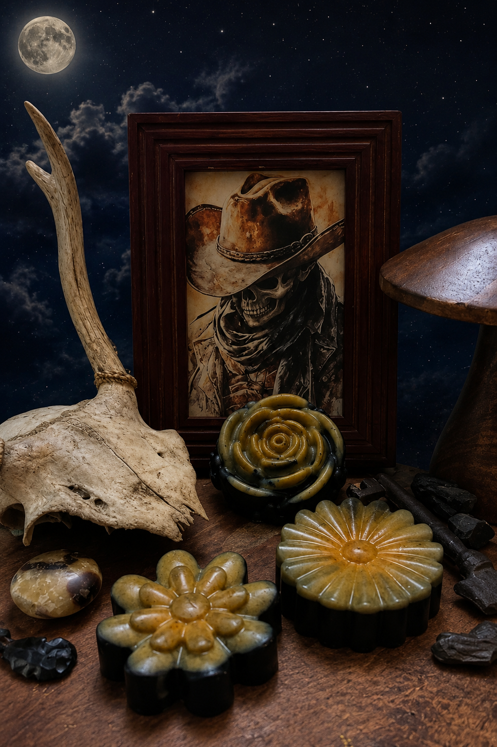 Soap- Goat's Milk & Hemp Seed-Turmeric & Charcoal- Midnight Cowboy- Flowers