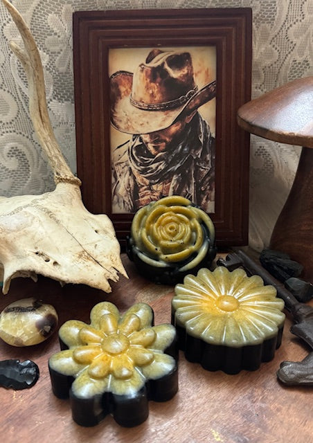 Soap- Goat's Milk & Hemp Seed-Turmeric & Charcoal- Midnight Cowboy- Flowers